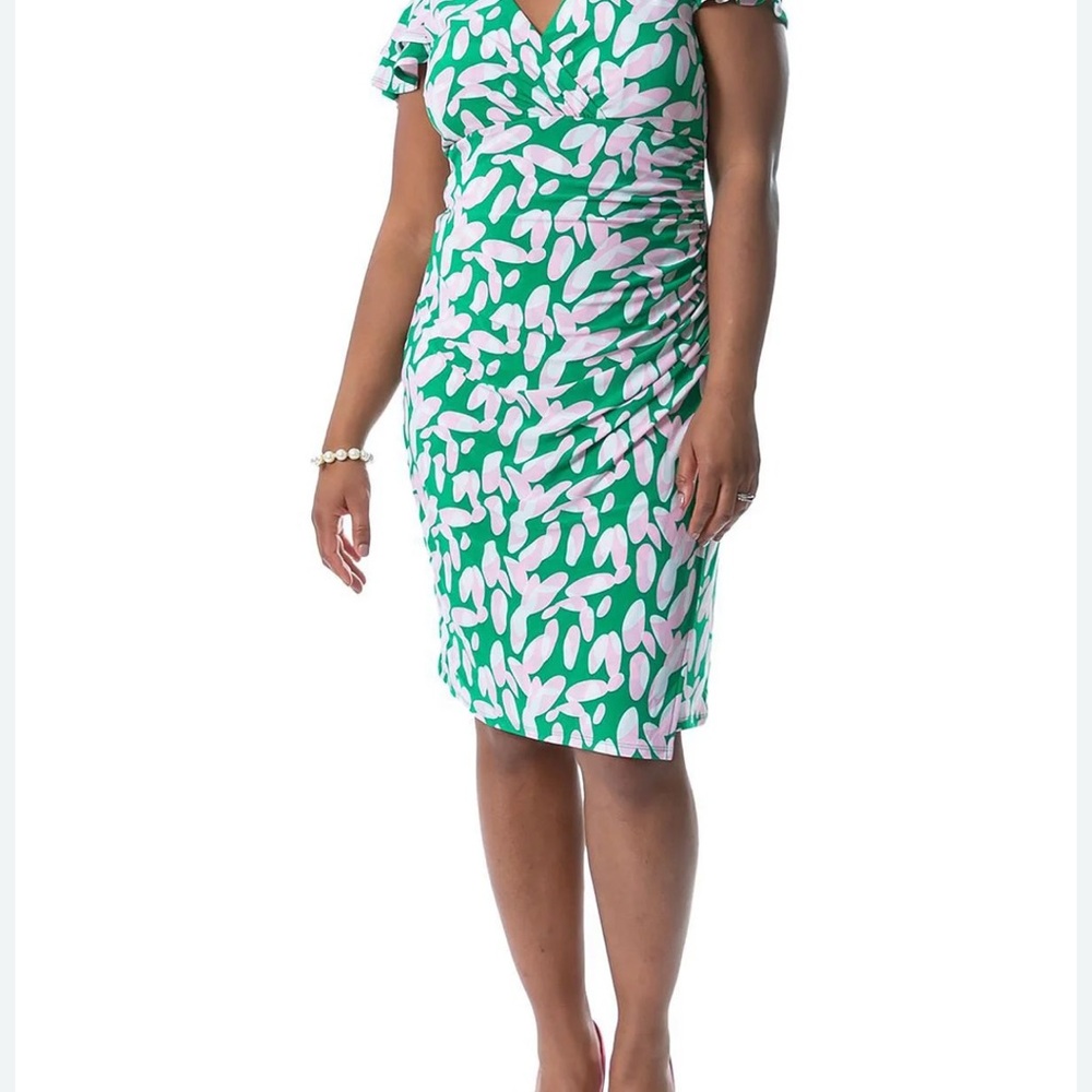 Kasper Womens Fitted  Pink & Green Print Knee Length Sheath Dress Size M